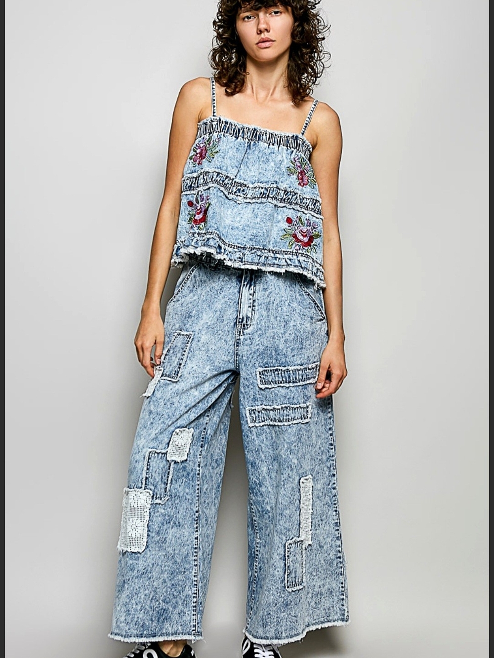 POL Light Blue Acid-Wash Wide Leg Jeans with Embroidered Floral Patchwork